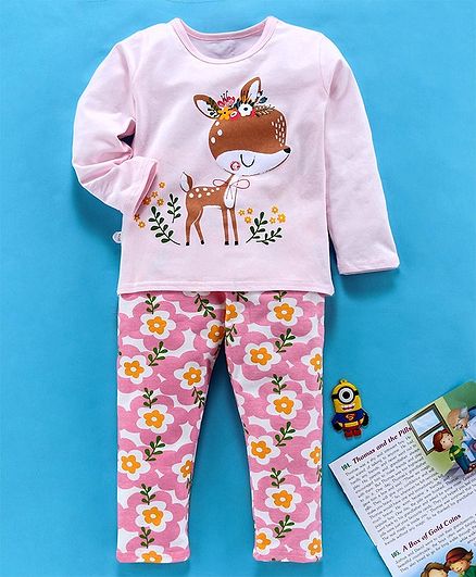Kookie Kids Full Sleeves Night Suit Deer Print - Light Pink