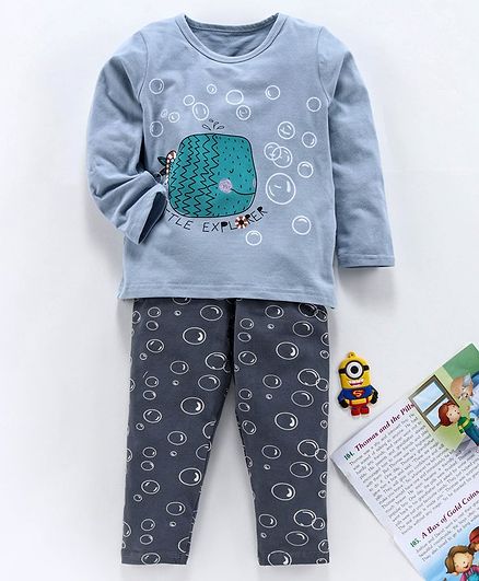 Kookie Kids Full Sleeves Night Suit Fish Print - Grey Blue
