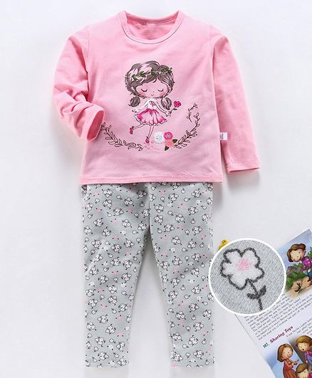 Kookie Kids Full Sleeves Night Suit Girl Print - Pink