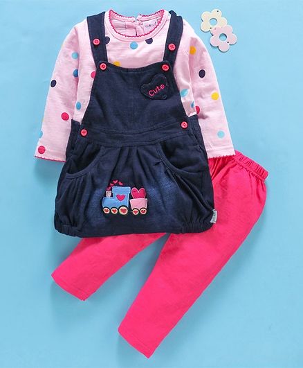 U R Cute Full Sleeves Polka Dot Print Top With Pinafore Dress & Leggings Set - Pink