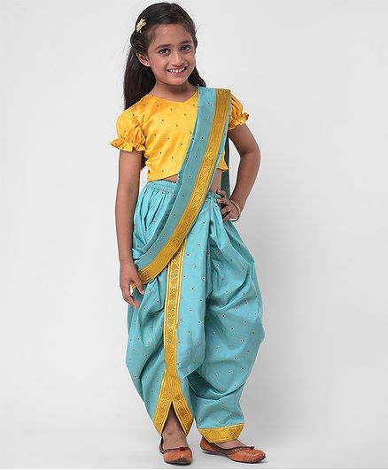 M'andy Buti Print Half Sleeves Blouse With Saree - Yellow & Sea Green