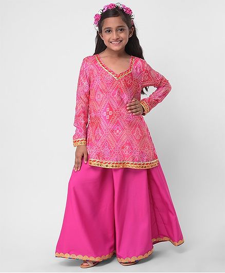 M'andy Bandhani Print Full Sleeves Kurti With Palazzo - Pink