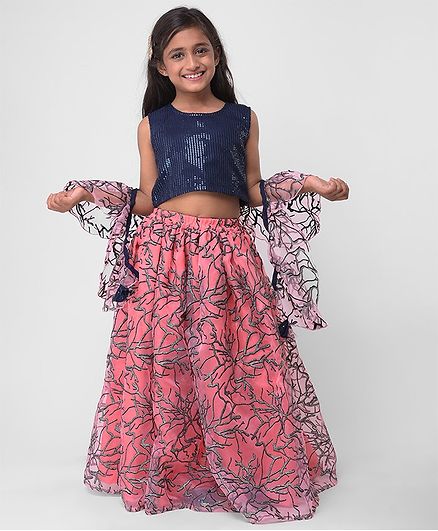 M'andy Sequin Detailed Sleeveless Choli With Dupatta & Lehenga - Blue & Pink