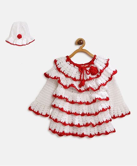 MayRa Knits Layered Full Sleeves Dress With Cap - White & Red