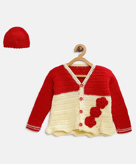 MayRa Knits Flower Detailed Full Sleeves Sweater With Cap - Red