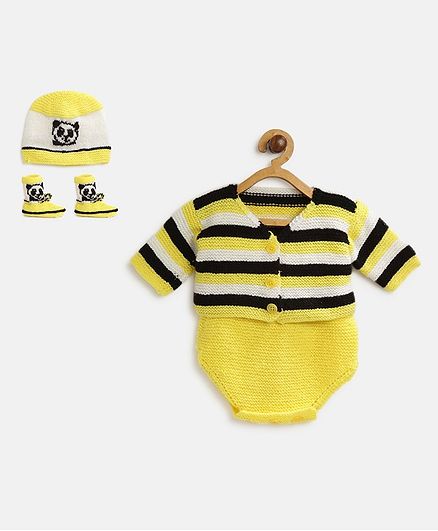 MayRa Knits Full Sleeves Cute Panda Theme Onesie With Jacket Cap And Booties - Yellow