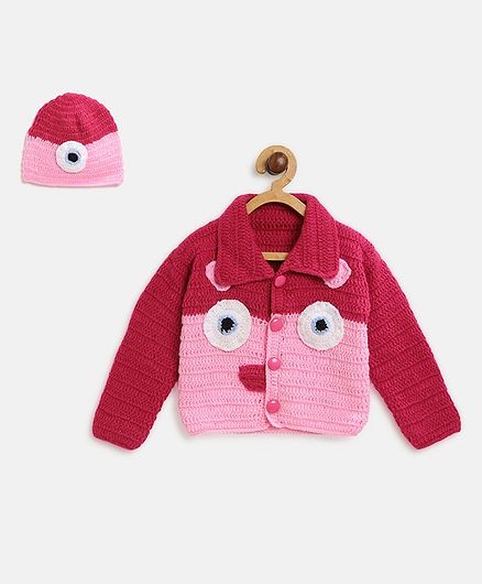 MayRa Knits Full Sleeves Animal Pattern Sweater With Cap - Pink