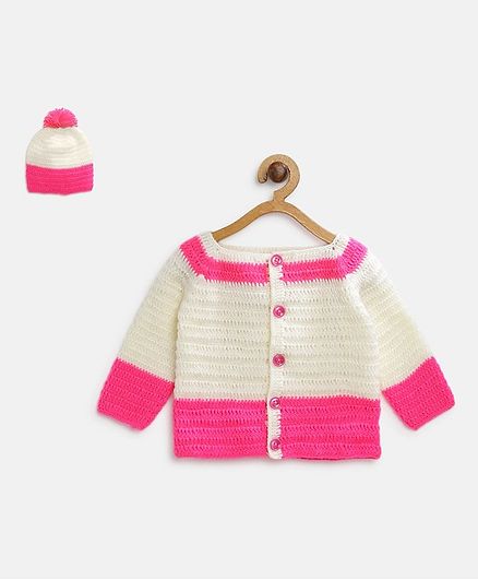 MayRa Knits Full Sleeves Colour Block Sweater With Cap - Pink