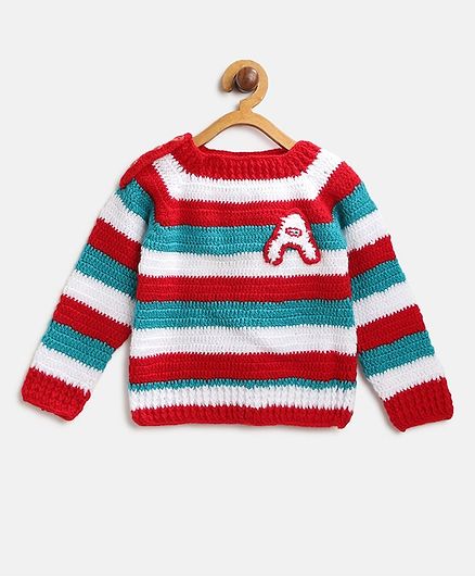 MayRa Knits Full Sleeves Striped Sweater - Red