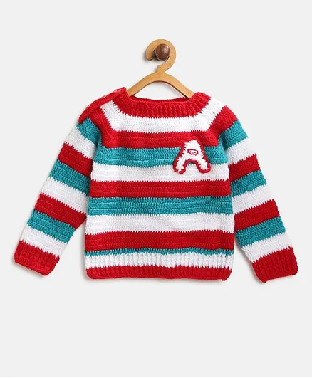 MayRa Knits Full Sleeves Striped Sweater - Red
