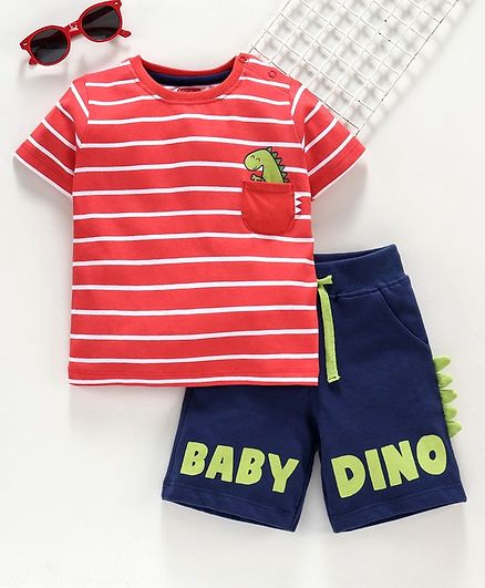 Babyhug Half Sleeves Striped Tee & Shorts Dino Print - Red Navy Blue