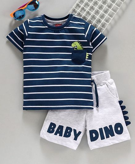 Babyhug Half Sleeves Striped Tee & Shorts Dino Print - Navy Blue White