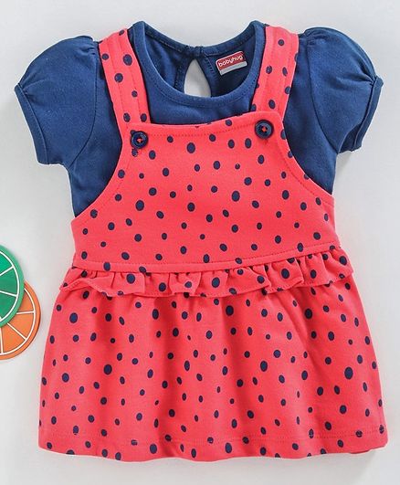 Babyhug Dungaree Style Frock With Short Sleeves Inner Tee Polka Dot Print - Pink Navy
