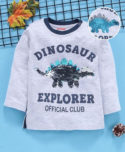 Babyhug Full Sleeves Tee With Colour Changing Sequin Dino Patch - Grey