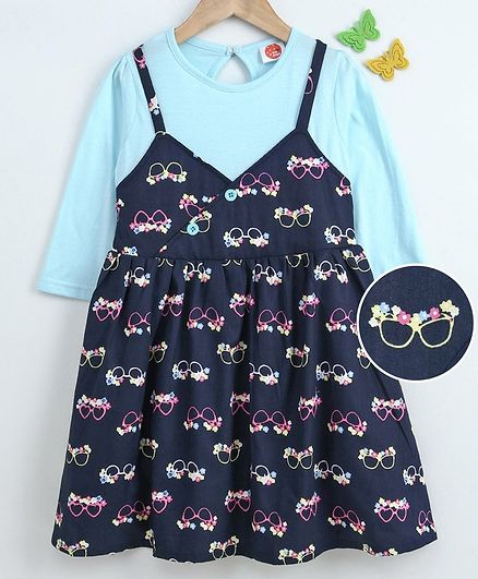 Dew Drops Full Sleeves Frock Specs Print - Navy