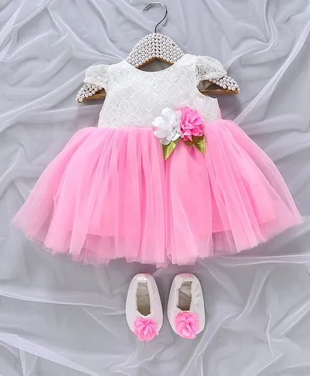 Bluebell Sleeveless Party Wear Frock With Floral Embellishment - Pink