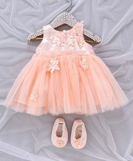 Bluebell Sleeveless Party Wear Frock With Booties Floral Embellishment - Peach