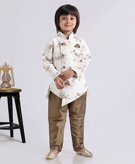Dapper Dudes Flower Printed Asymmetric Full Sleeves Kurta & Pajama Set - White