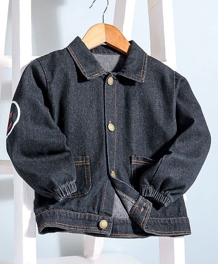 Kookie Kids Full Sleeves Denim Jacket Back Text Print - Black