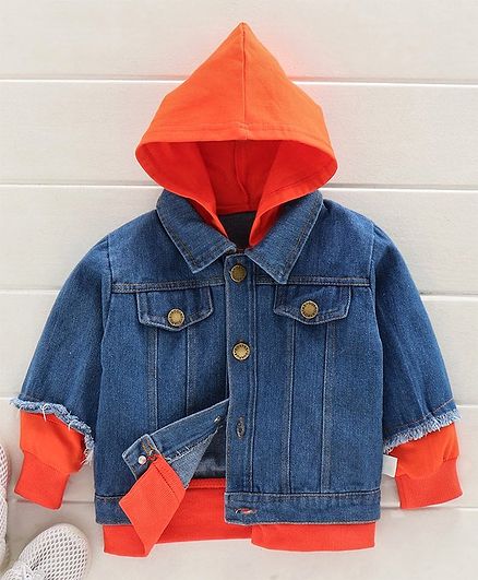 Kookie Kids Full Sleeves Hooded Denim Jacket - Blue Orange