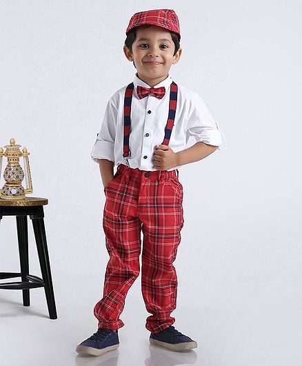 Dapper Dudes Full Sleeves Shirt With Checked Bottom & Cap With Bow & Suspenders - White & Red