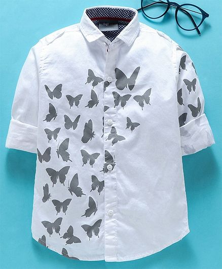 Dapper Dudes Butterfly Printed Roll Up Full Sleeves Shirt - Grey
