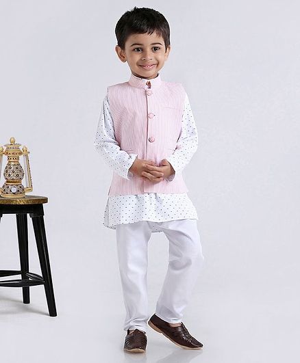 Rikidoos Full Sleeves Kurta With Striped Jacket & Pajama - Pink & White