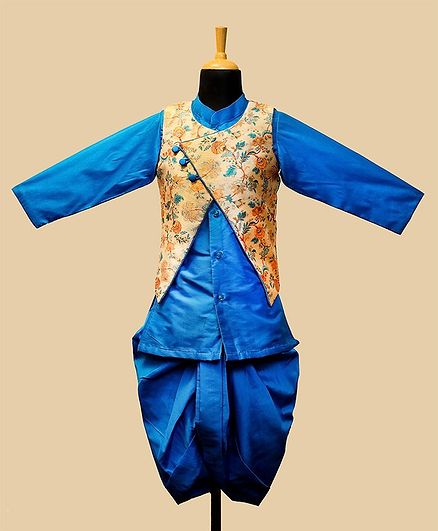Li&Li Boutique Full Sleeves Kurta & Dhoti With Elephant Print Jacket - Blue & Beige