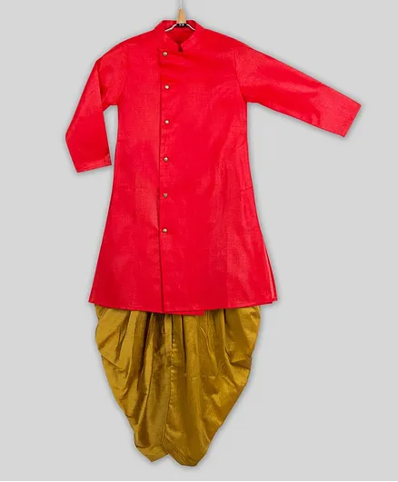 Silverthread Solid Full Sleeves Sherwani With Dhoti - Red & Gold