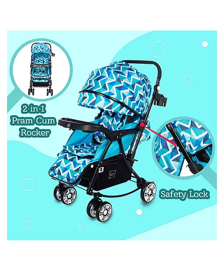 Mee Mee Premium Baby Pram with Rocker Function Rotating Wheels and Adjustable Seat - Blue