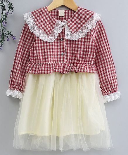 Kookie Kids Full Sleeves Checks Frock - Red