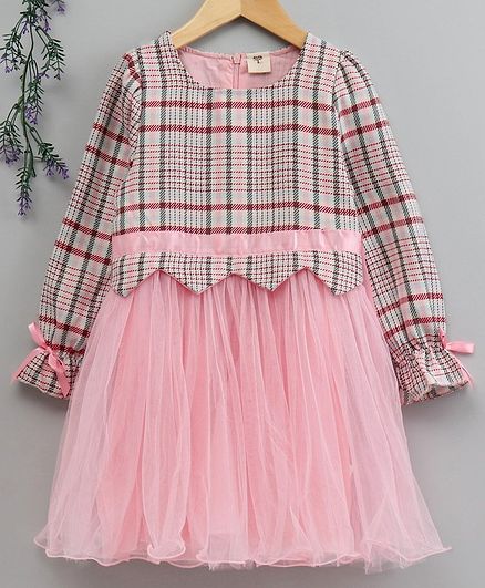 Kookie Kids Full Sleeves Checks Frock - Pink