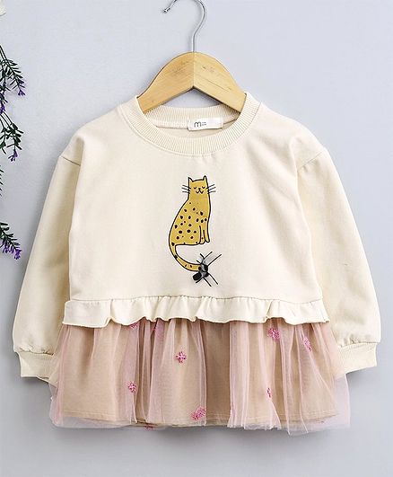 Kookie Kids Full Sleeves Frock Kitty Print - Cream