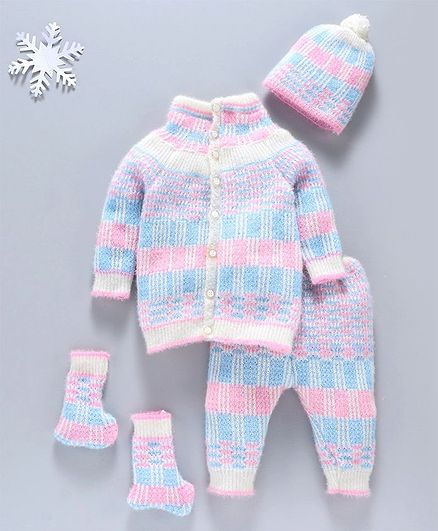 Babyhug 3 Piece Full Sleeves Sweater Set - White Pink