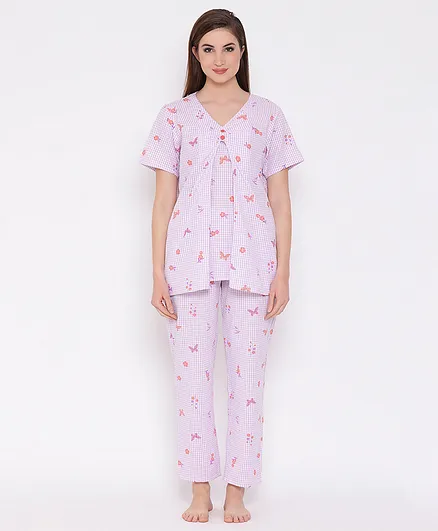 Clovia Half Sleeves Butterfly Printed Night Suit - Purple