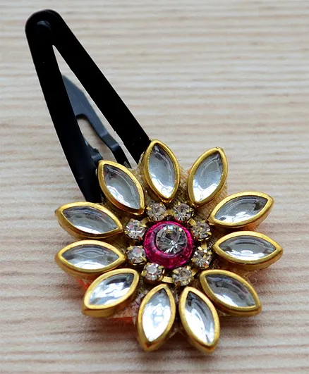 Pretty Ponytails Kundan Stone Detailed Hair Clip - Pink