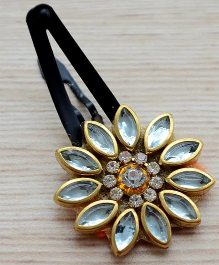 Pretty Ponytails Kundan Stone Detailed Hair Clip - Yellow