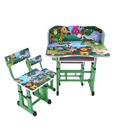 Study Table With Chair Alphabets & Animal Print - Green