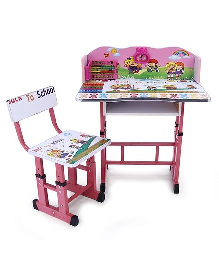 Study Table With Chair Alphabets & Back To School Print - White Pink