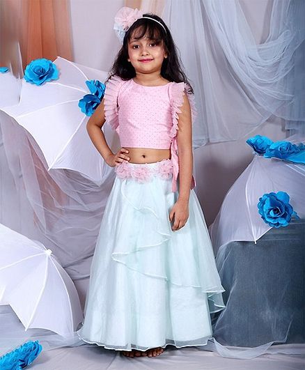 Kirti Agarwal Pret N Couture Varsha Showering Trends Pleated Sleeveless Choli With Flower Applique Lehenga - Light Blue & Pink