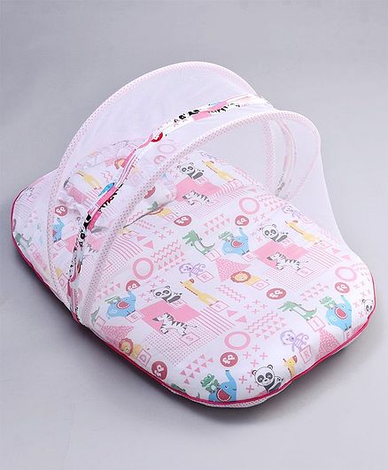 Fisher Price Mattress With Mosquito Net & Pillow Animals Print - Pink