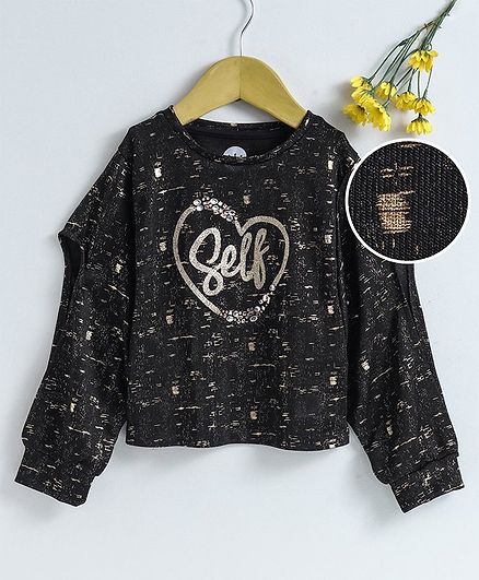 Vitamins Full Sleeves Embellished Top Self Print - Black