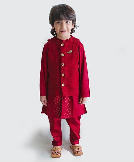 Tiber Taber Full Sleeves Kurta With Crochet Jacket & Pyjama - Maroon
