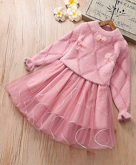 Awabox Full Sleeves Bow Decorated Tulle Flare Dress - Pink
