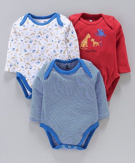I Bears Full Sleeves Onesies Tiger Print Pack of 3 - Blue Red