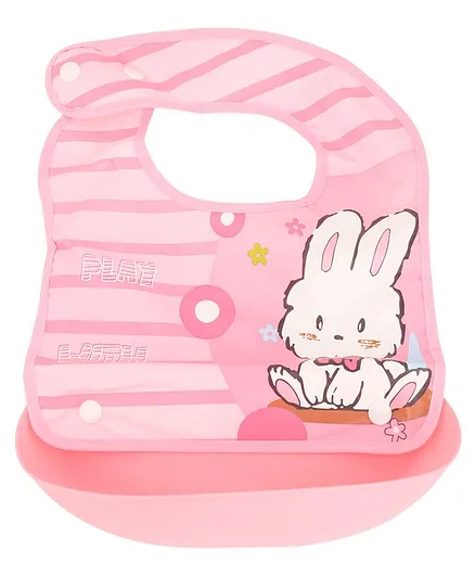 Yellow Bee Pink Rabbit Easy Clean Bib with Crumb Collector - Pink