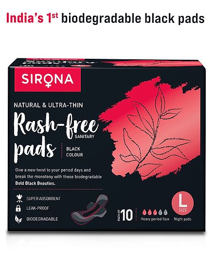 Sirona Natural Biodegradable Super Soft Black Large Sanitary and Maternity Pads - 10 Pieces