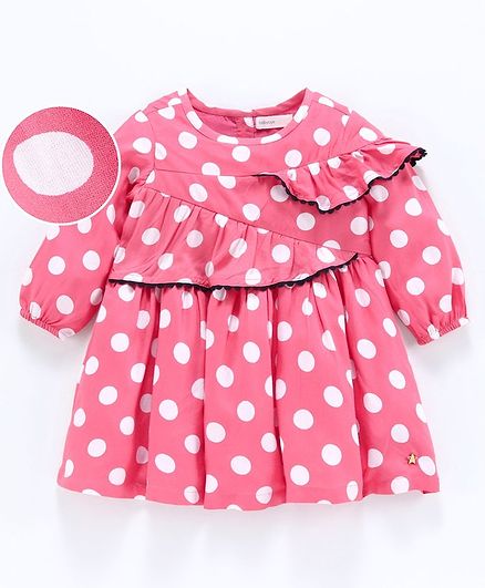Babyoye Cotton Full Sleeves Frilled Frock Polka Dot Print - Pink