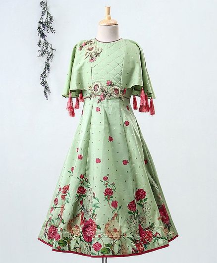 Enfance Half Sleeves Poncho Style Flower Print Gown - Light Green