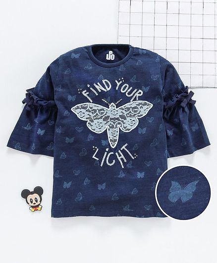 UFO Three Fourth Sleeves Butterfly Lace Work Top - Navy Blue